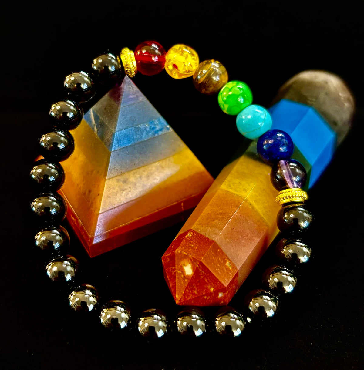 7 Chakra & Black Onyx Reiki-Infused Balance & Protection Bracelet (Medium Wrist)