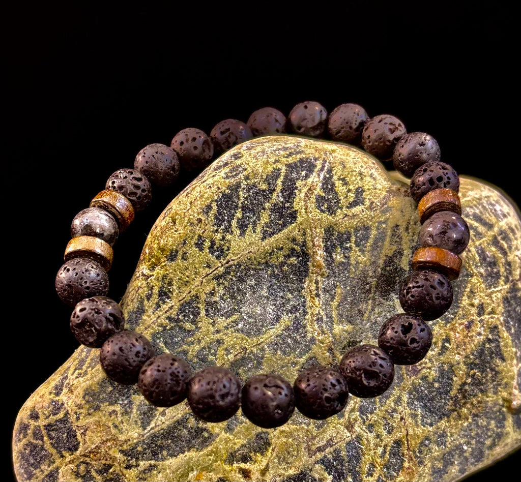 Reiki-Infused Men’s Lava Rock & Glossy Black Stone Bracelet Collection – Grounding, Protection & Aromatherapy Diffusion (8mm)