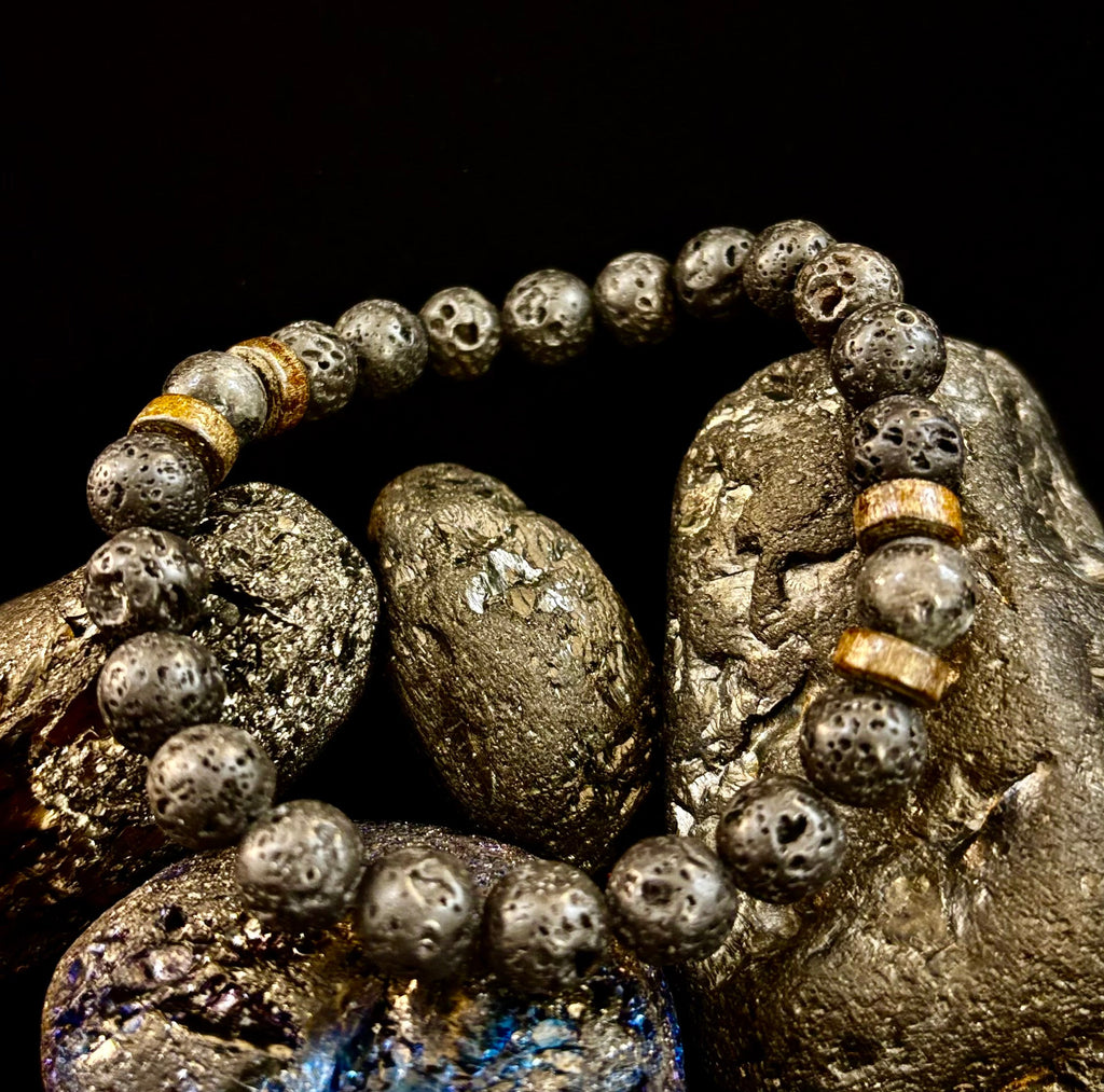 Reiki-Infused Men’s Lava Rock & Glossy Black Stone Bracelet Collection – Grounding, Protection & Aromatherapy Diffusion (8mm)