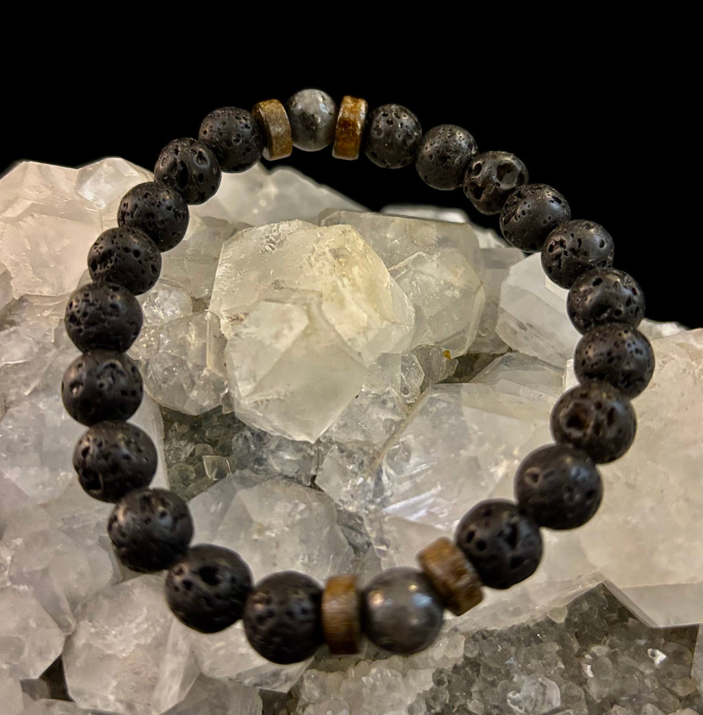 Reiki-Infused Men’s Lava Rock & Glossy Black Stone Bracelet Collection – Grounding, Protection & Aromatherapy Diffusion (8mm)
