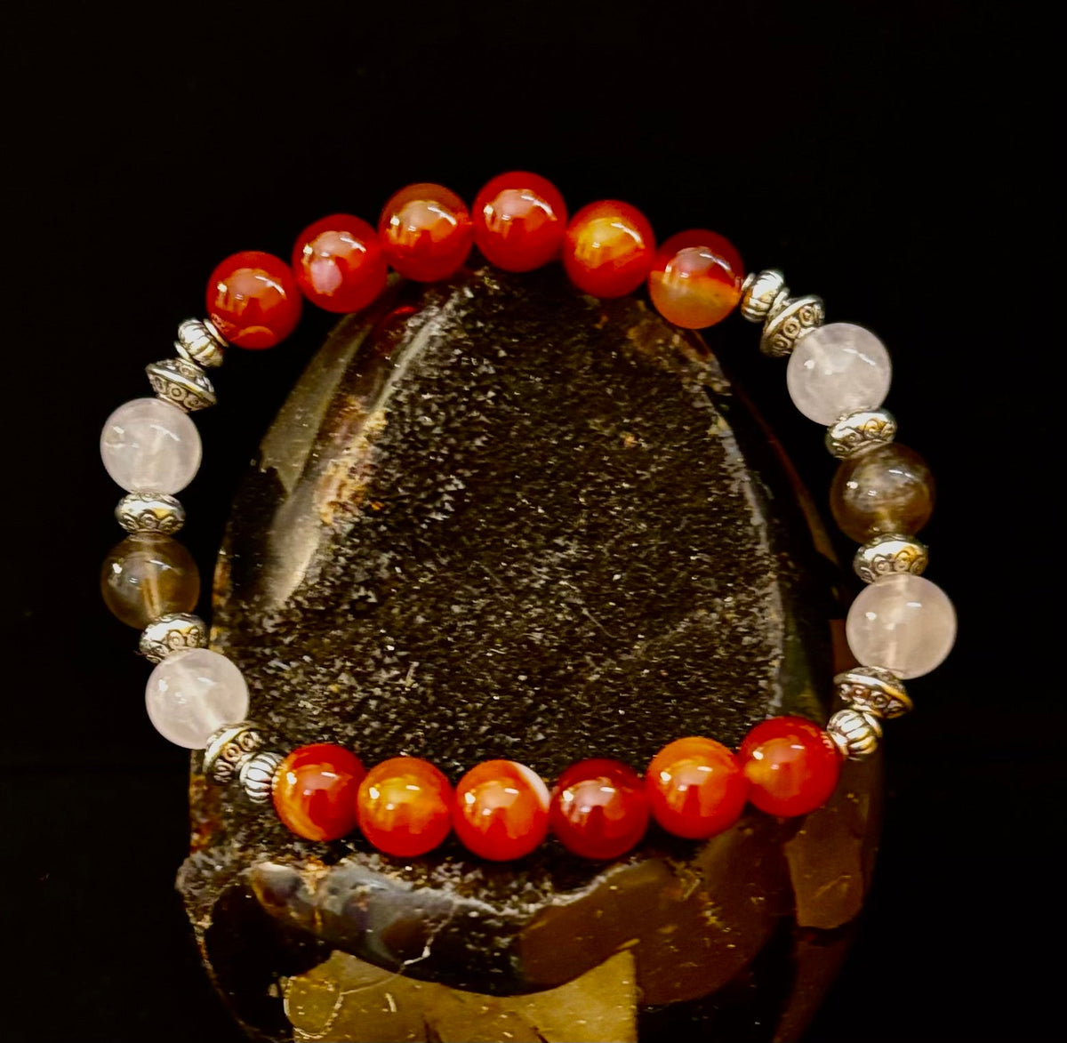 Grief & Loss Support Intention Bracelet – Reiki-Infused Carnelian, Rose Quartz & Smoky Quartz