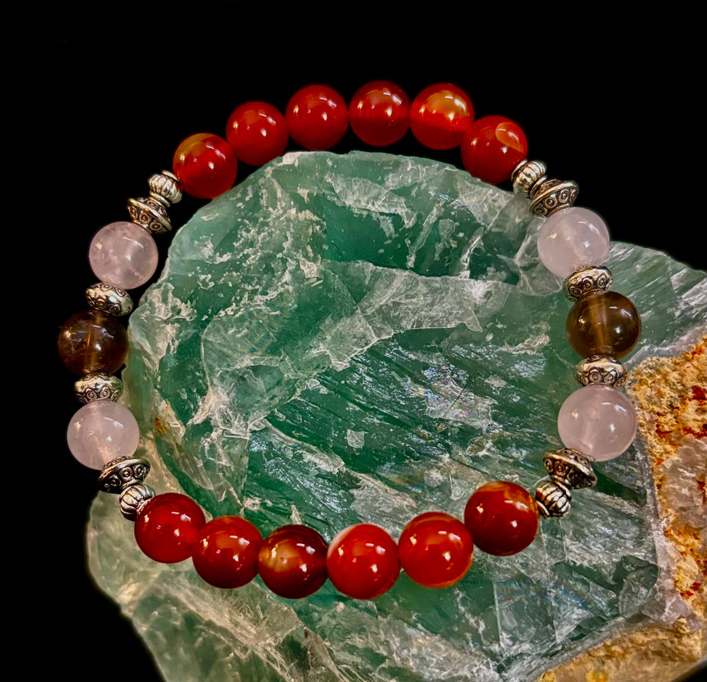 Grief & Loss Support Intention Bracelet – Reiki-Infused Carnelian, Rose Quartz & Smoky Quartz
