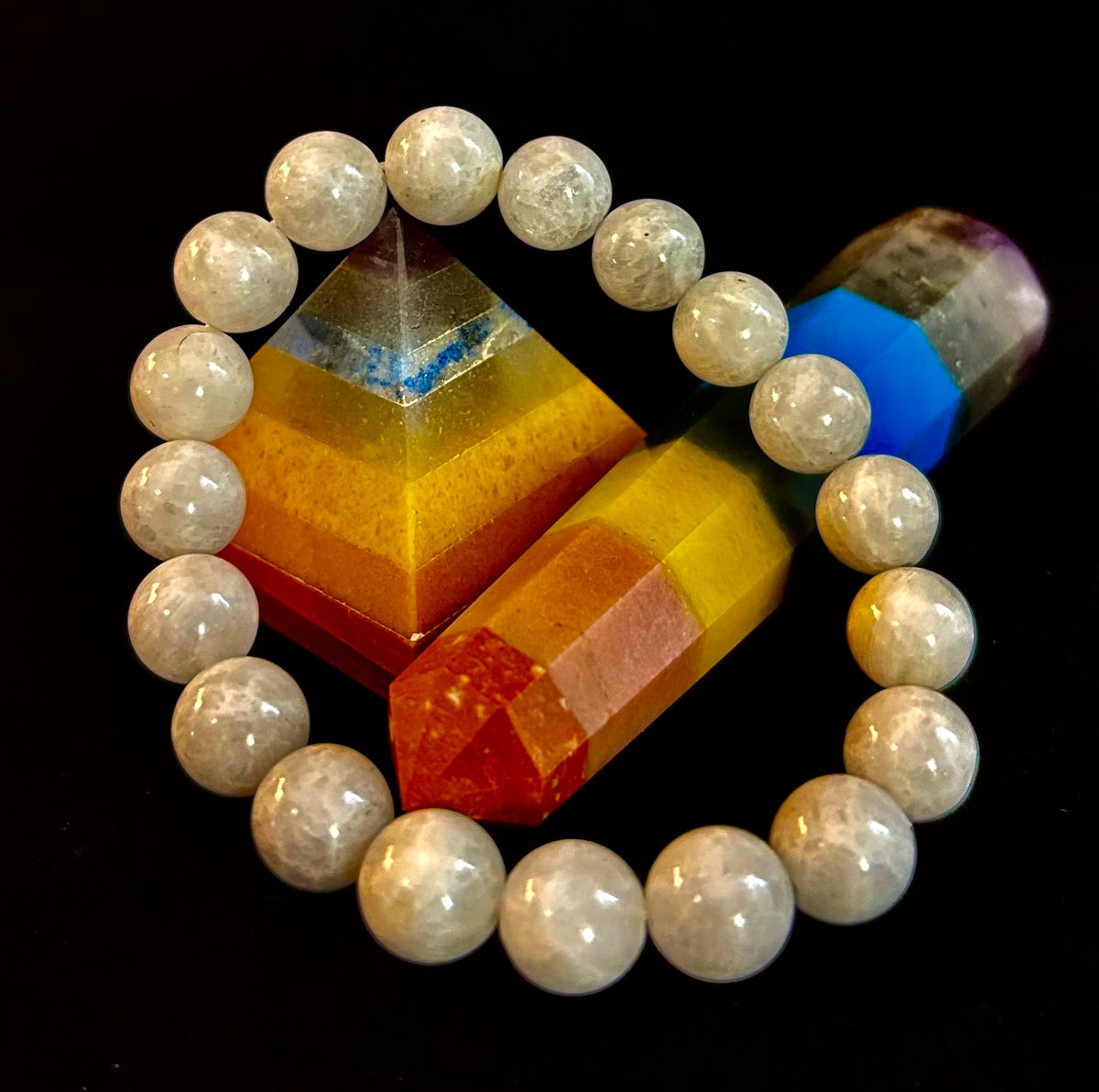 Reiki-Infused Rainbow Moonstone Power Bracelet – 10mm Beads (Medium Wrist)