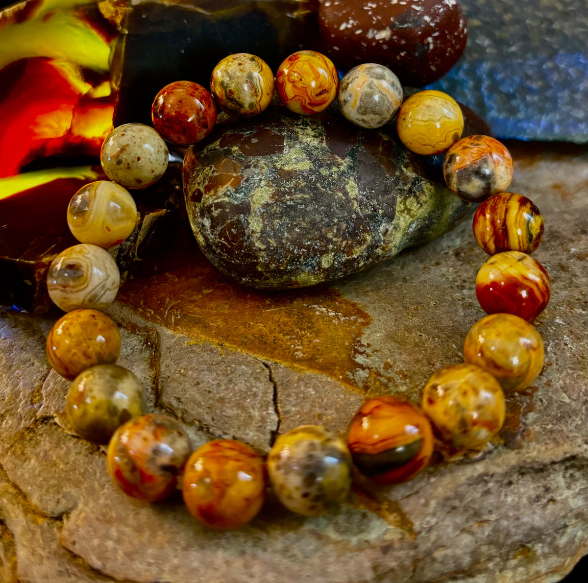 Reiki-Infused Crazy Lace Agate Strength & Stability Bracelet – 10mm Beads (Medium Wrist)