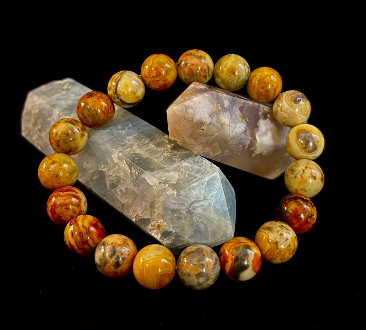 Reiki-Infused Crazy Lace Agate Strength & Stability Bracelet – 10mm Beads (Medium Wrist)