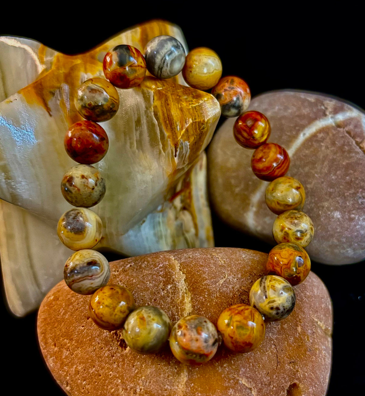Reiki-Infused Crazy Lace Agate Strength & Stability Bracelet – 10mm Beads (Medium Wrist)