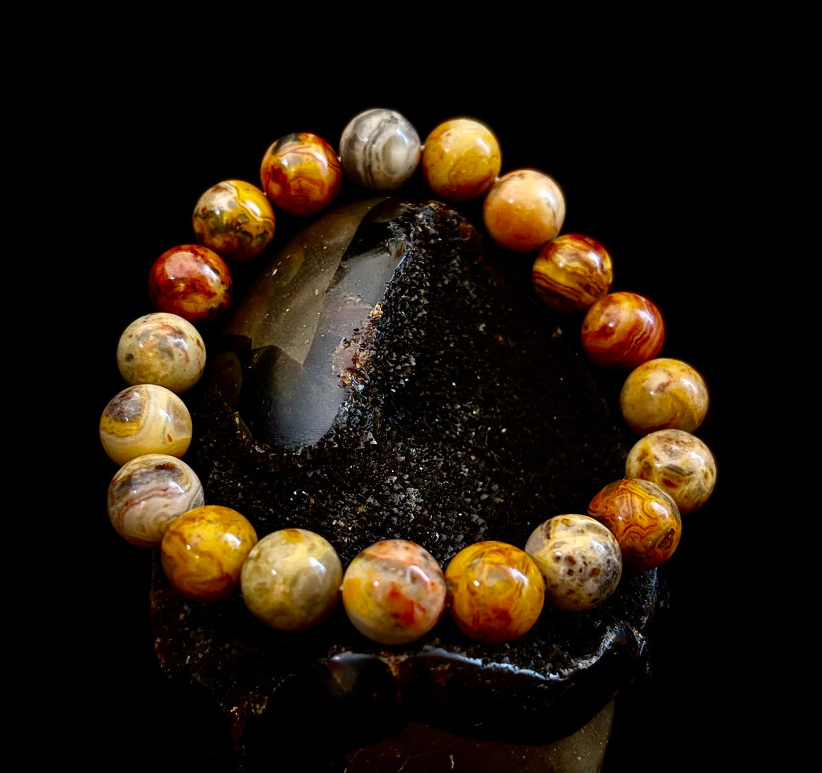Reiki-Infused Crazy Lace Agate Strength & Stability Bracelet – 10mm Beads (Medium Wrist)