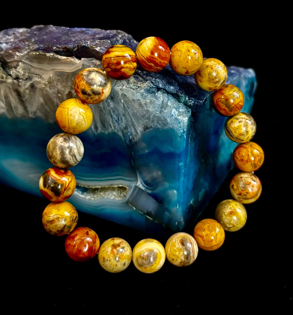 Reiki-Infused Crazy Lace Agate Strength & Stability Bracelet – 10mm Beads (Medium Wrist)