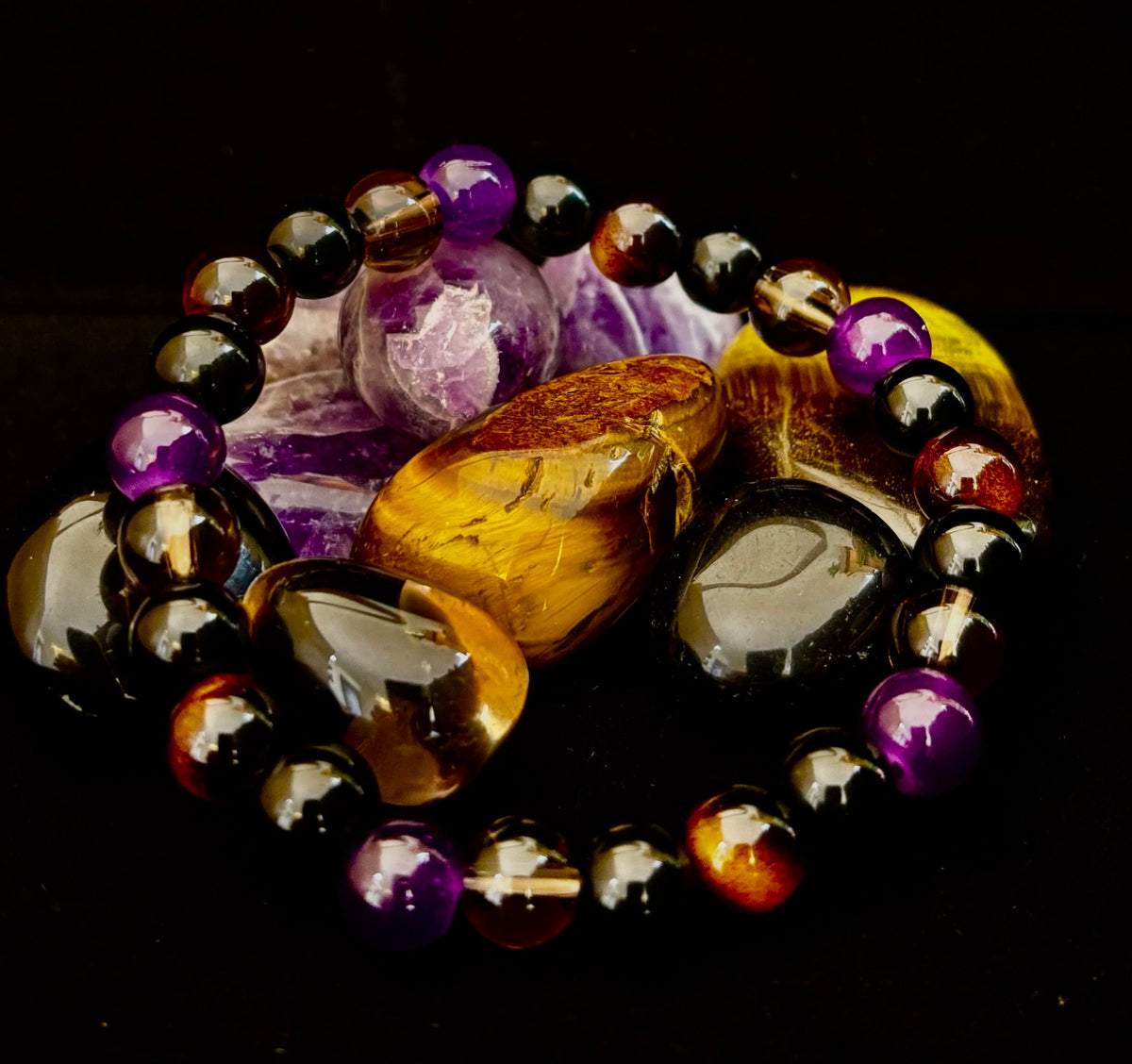 Reiki-Infused Tranquil Focus Bracelet with Amethyst, Tiger Eye & Smoky Quartz for Calm, Clarity & Protection (8mm)