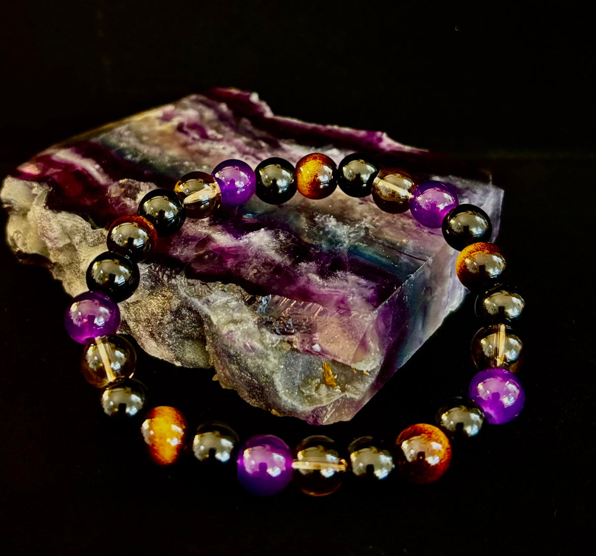 Reiki-Infused Tranquil Focus Bracelet with Amethyst, Tiger Eye & Smoky Quartz for Calm, Clarity & Protection (8mm)