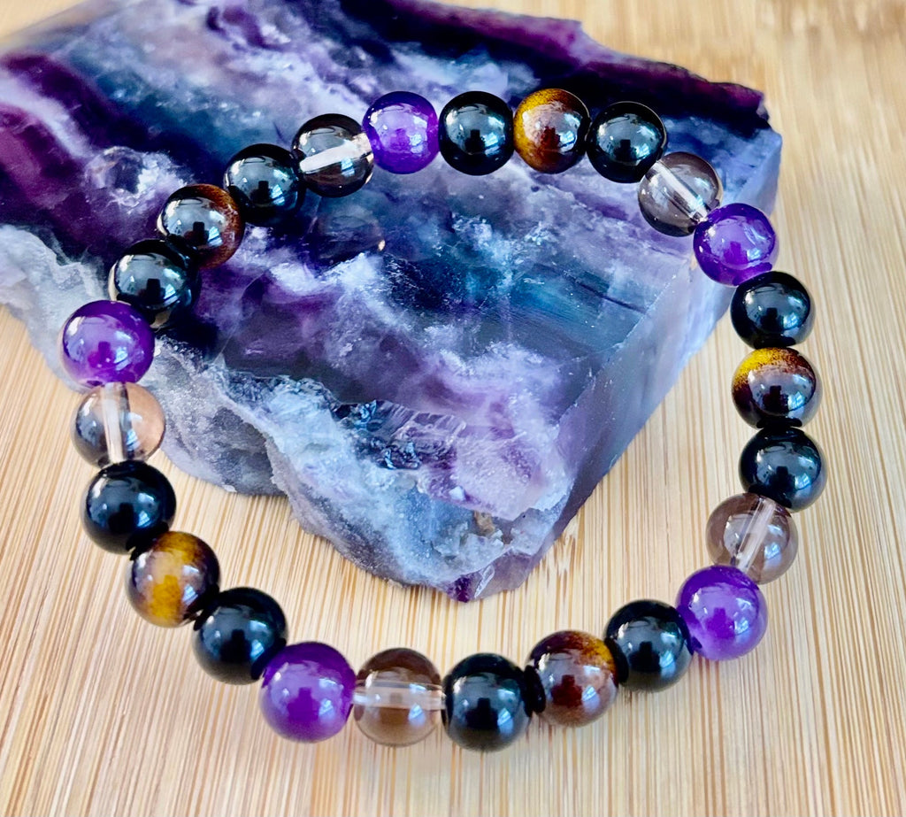 Reiki-Infused Tranquil Focus Bracelet with Amethyst, Tiger Eye & Smoky Quartz for Calm, Clarity & Protection (8mm)
