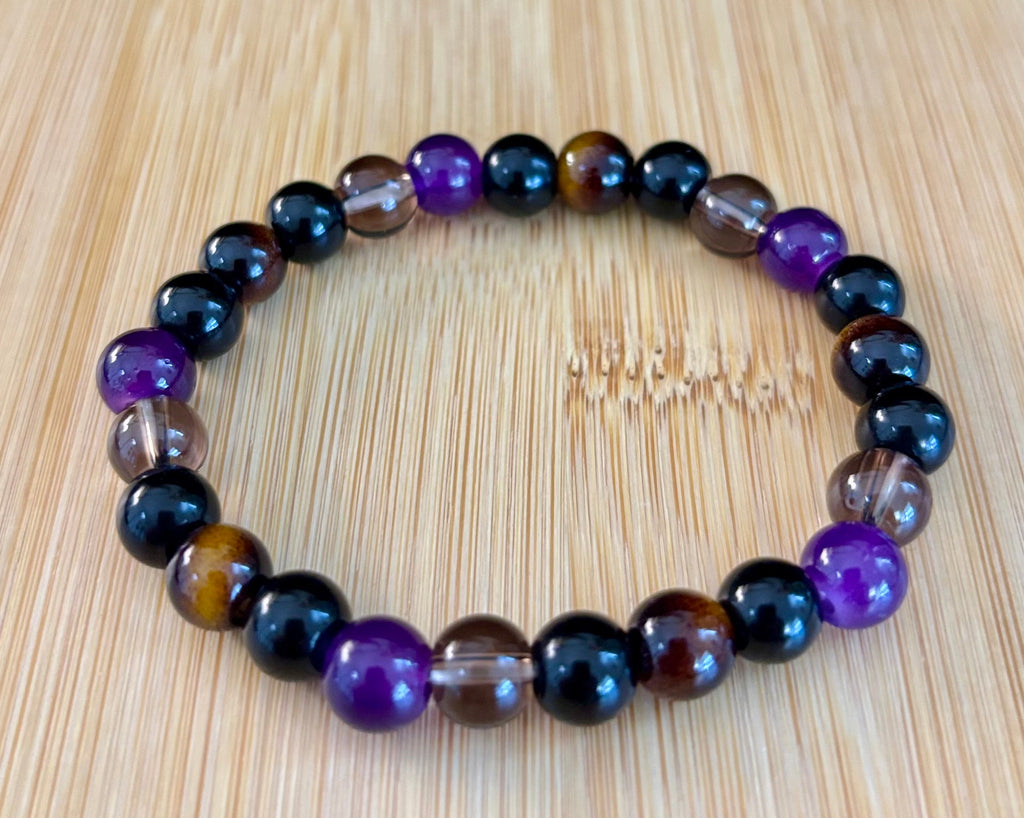 Reiki-Infused Tranquil Focus Bracelet with Amethyst, Tiger Eye & Smoky Quartz for Calm, Clarity & Protection (8mm)