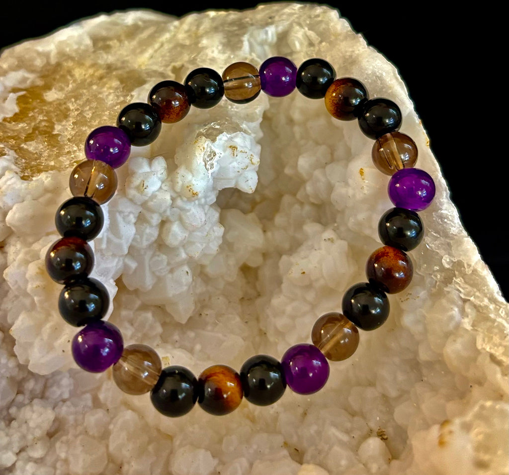 Reiki-Infused Tranquil Focus Bracelet with Amethyst, Tiger Eye & Smoky Quartz for Calm, Clarity & Protection (8mm)