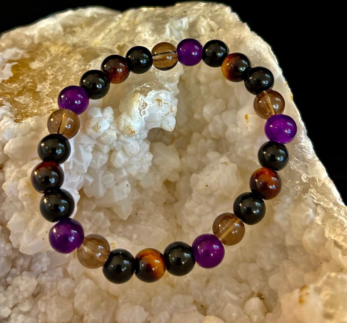 Reiki-Infused Tranquil Focus Bracelet with Amethyst, Tiger Eye & Smoky Quartz for Calm, Clarity & Protection (8mm)