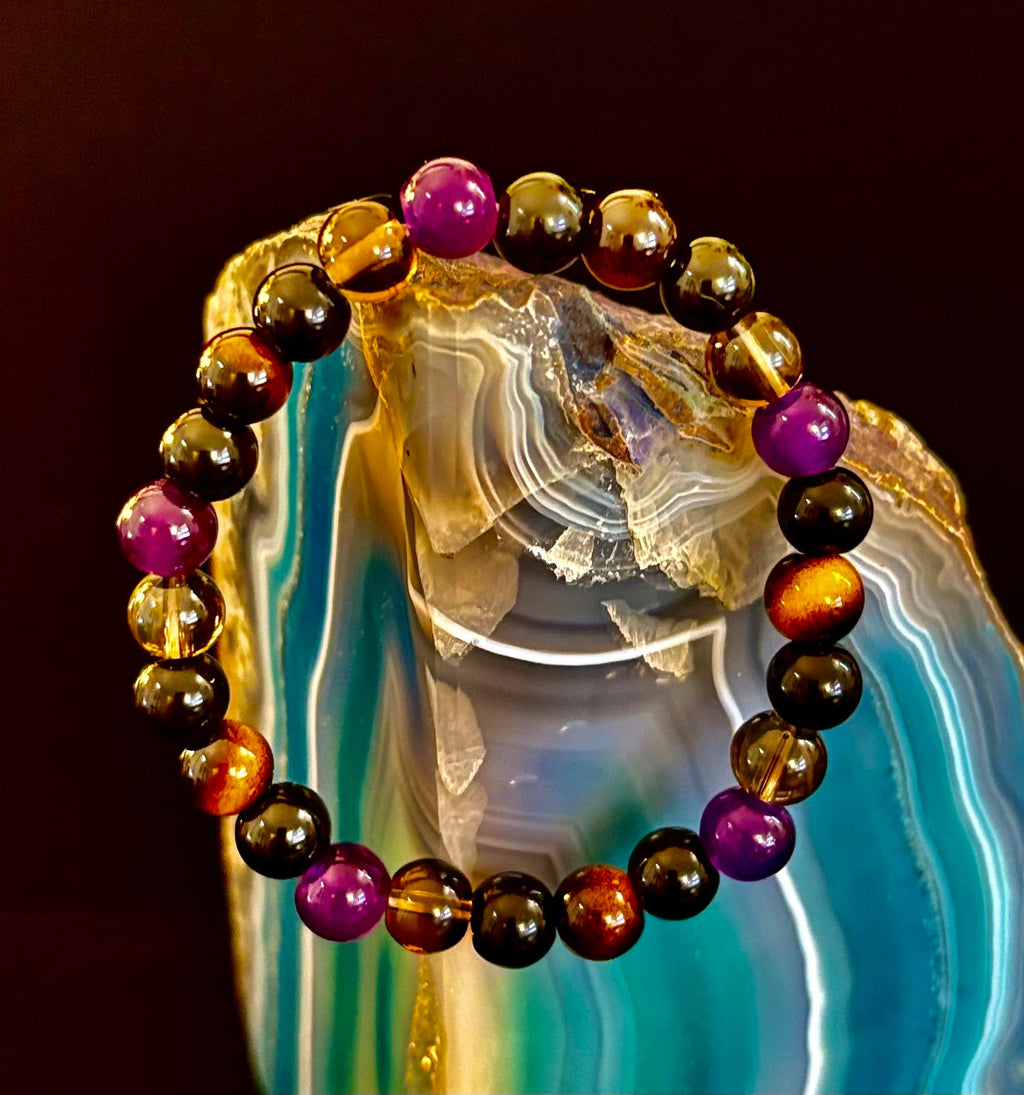 Reiki-Infused Tranquil Focus Bracelet with Amethyst, Tiger Eye & Smoky Quartz for Calm, Clarity & Protection (8mm)