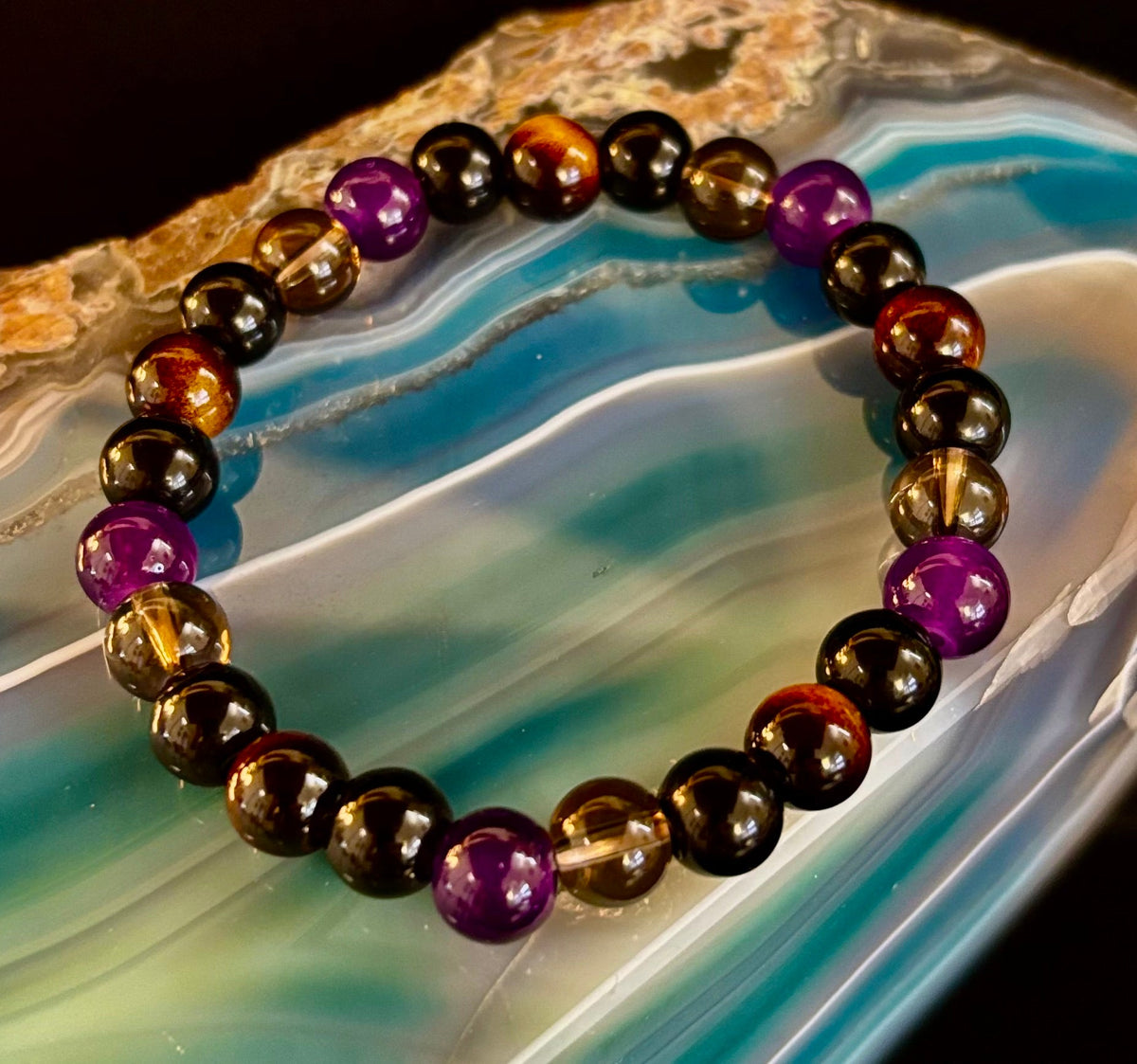 Reiki-Infused Tranquil Focus Bracelet with Amethyst, Tiger Eye & Smoky Quartz for Calm, Clarity & Protection (8mm)