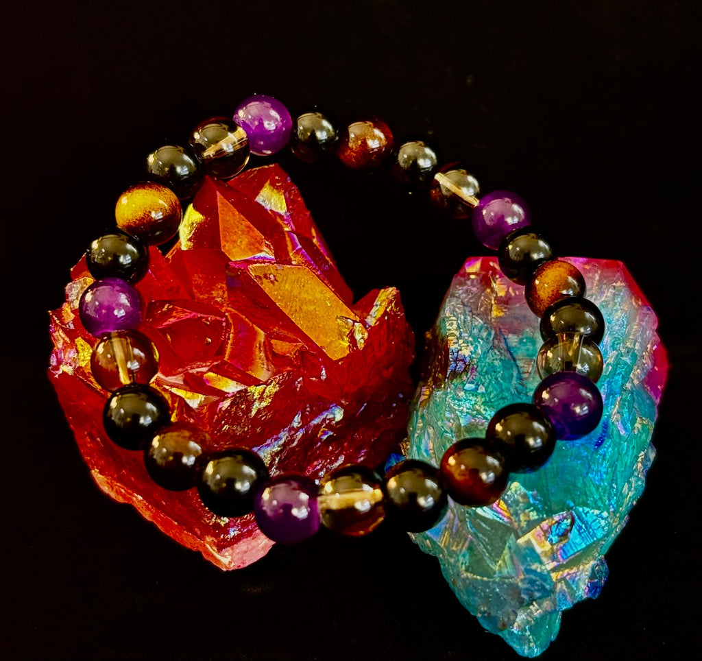 Reiki-Infused Tranquil Focus Bracelet with Amethyst, Tiger Eye & Smoky Quartz for Calm, Clarity & Protection (8mm)
