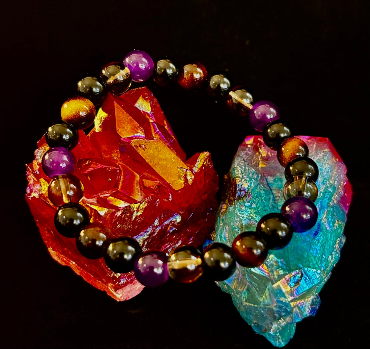 Reiki-Infused Tranquil Focus Bracelet with Amethyst, Tiger Eye & Smoky Quartz for Calm, Clarity & Protection (8mm)