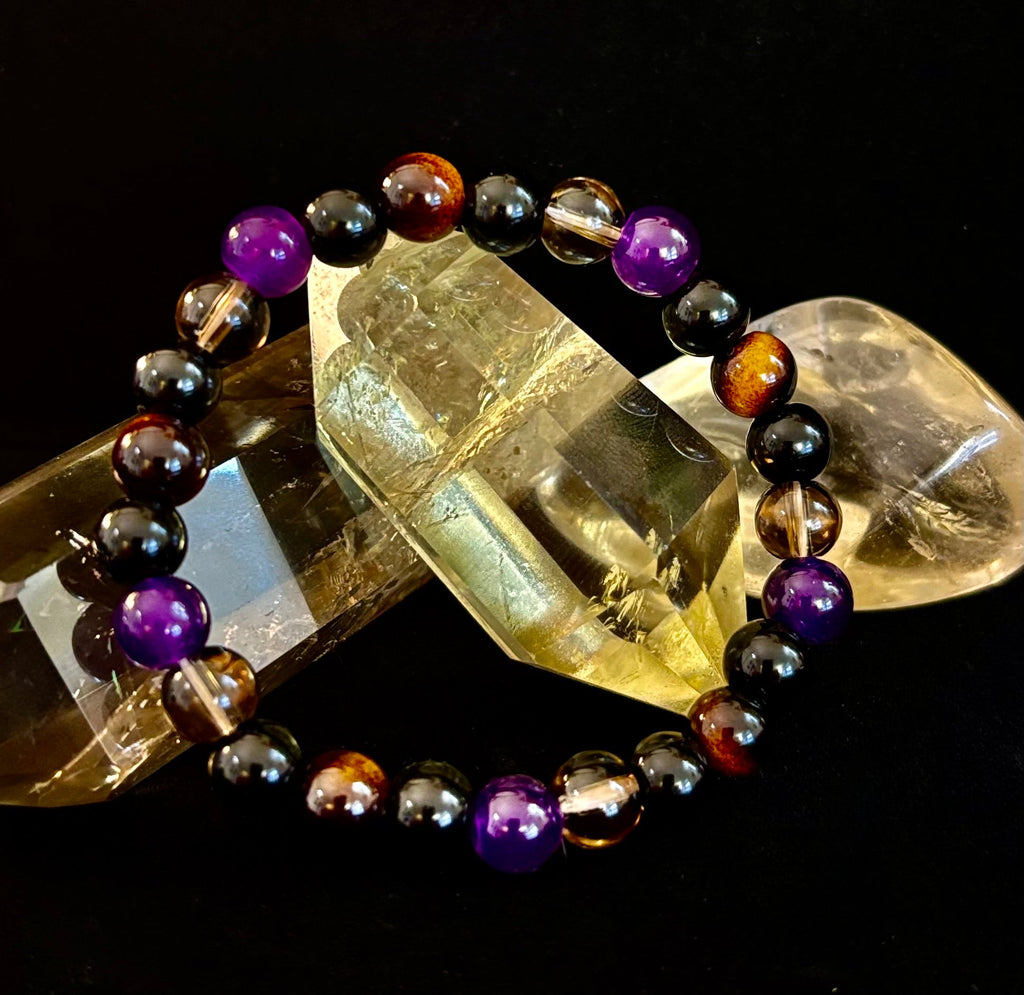 Reiki-Infused Tranquil Focus Bracelet with Amethyst, Tiger Eye & Smoky Quartz for Calm, Clarity & Protection (8mm)