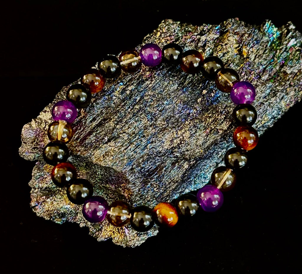 Reiki-Infused Tranquil Focus Bracelet with Amethyst, Tiger Eye & Smoky Quartz for Calm, Clarity & Protection (8mm)