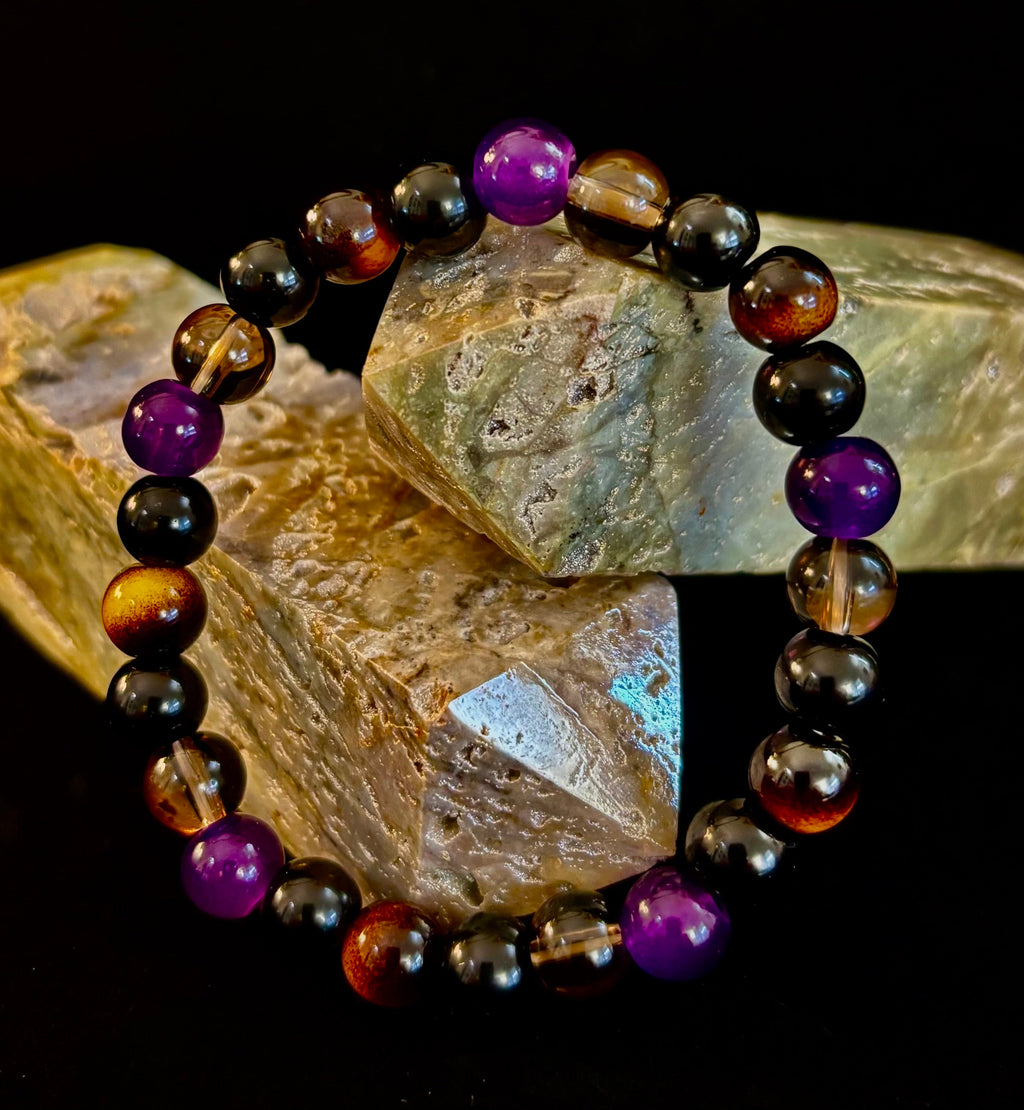 Reiki-Infused Tranquil Focus Bracelet with Amethyst, Tiger Eye & Smoky Quartz for Calm, Clarity & Protection (8mm)