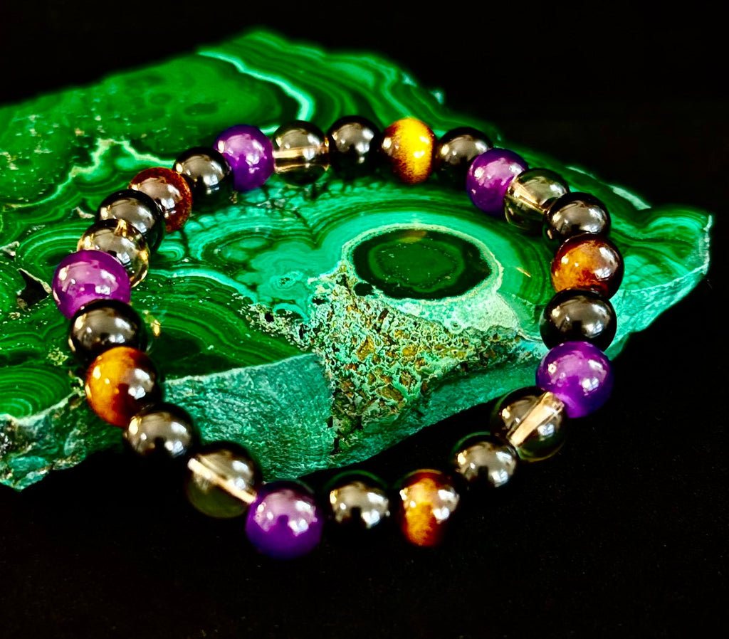 Reiki-Infused Tranquil Focus Bracelet with Amethyst, Tiger Eye & Smoky Quartz for Calm, Clarity & Protection (8mm)