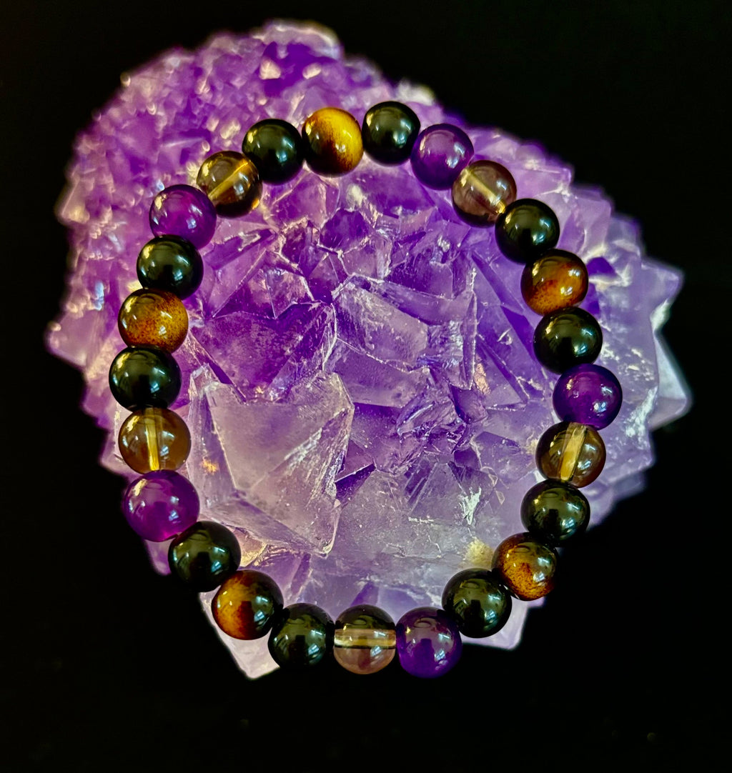 Reiki-Infused Tranquil Focus Bracelet with Amethyst, Tiger Eye & Smoky Quartz for Calm, Clarity & Protection (8mm)