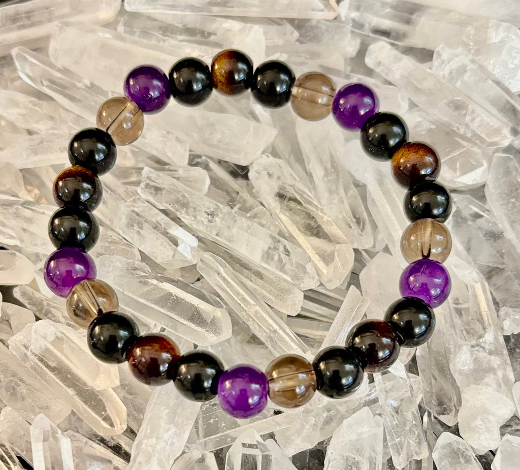 Reiki-Infused Tranquil Focus Bracelet with Amethyst, Tiger Eye & Smoky Quartz for Calm, Clarity & Protection (8mm)