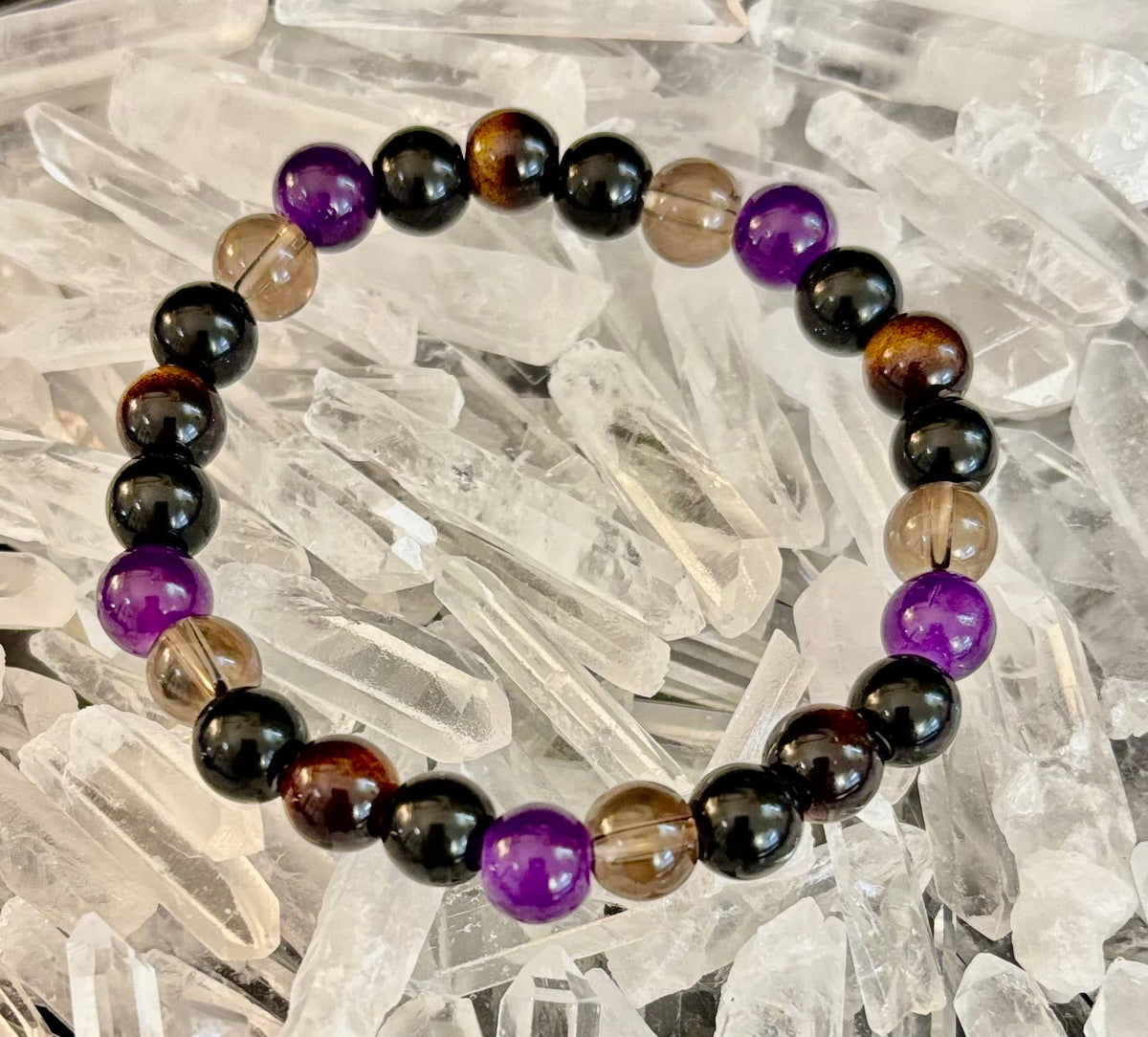 Reiki-Infused Tranquil Focus Bracelet with Amethyst, Tiger Eye & Smoky Quartz for Calm, Clarity & Protection (8mm)