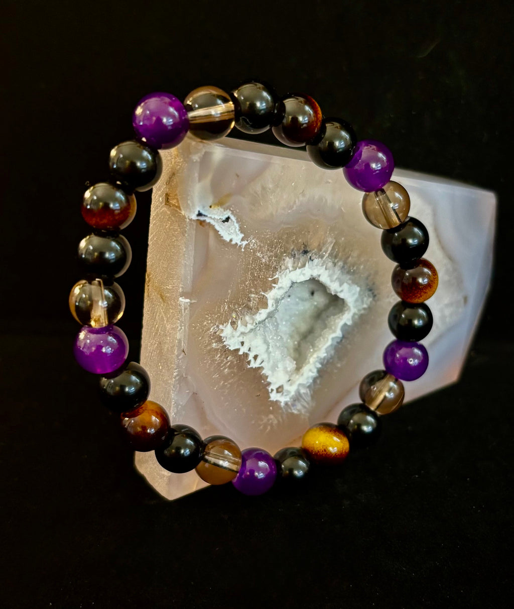 Reiki-Infused Tranquil Focus Bracelet with Amethyst, Tiger Eye & Smoky Quartz for Calm, Clarity & Protection (8mm)