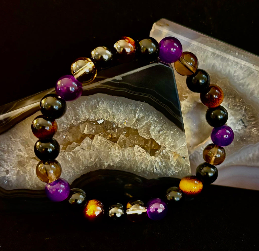 Reiki-Infused Tranquil Focus Bracelet with Amethyst, Tiger Eye & Smoky Quartz for Calm, Clarity & Protection (8mm)