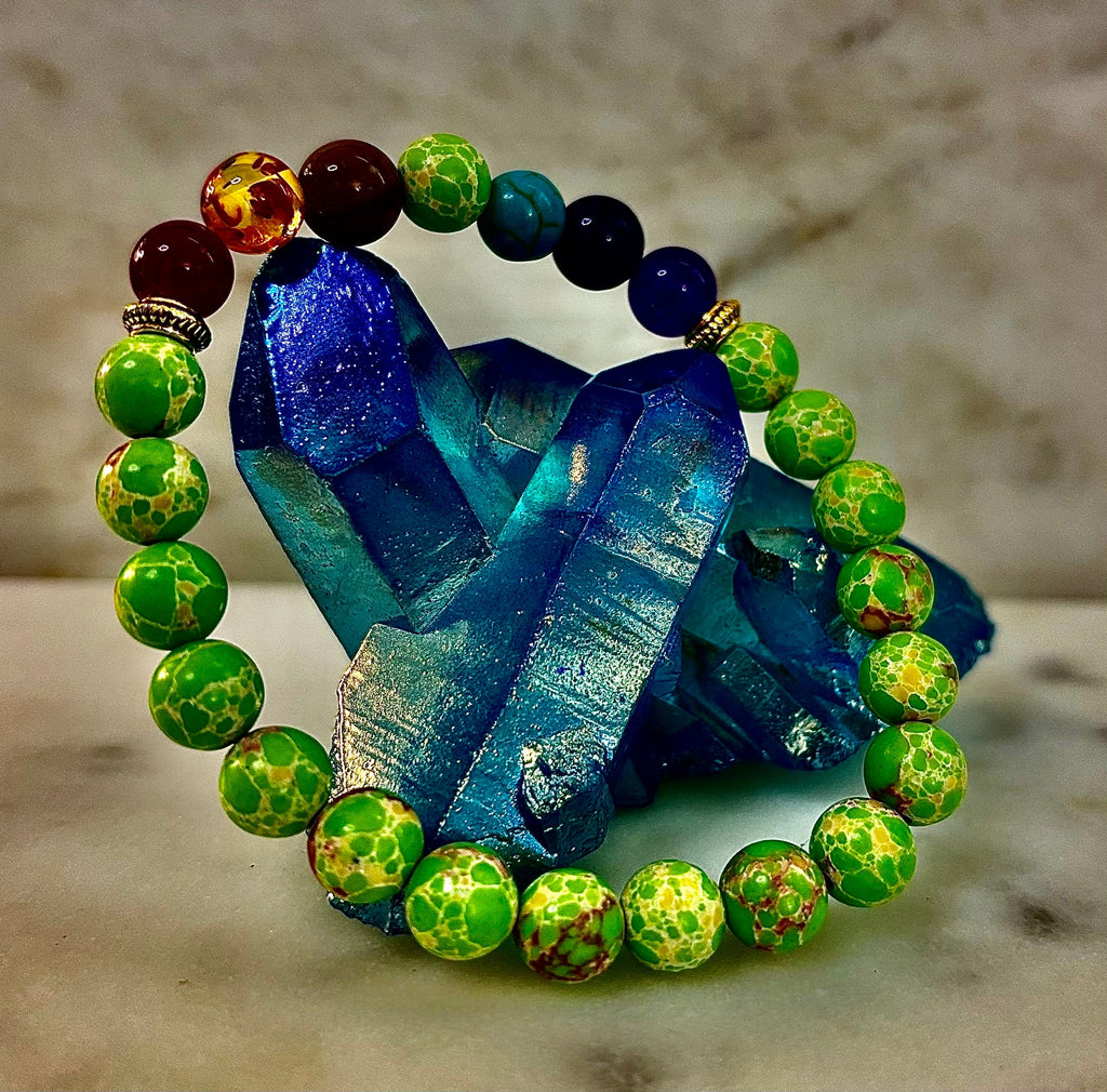 Reiki-Infused 7 Chakra & Green Sea Sediment Jasper Alignment Bracelet for Total Balance & Grounding (8mm)