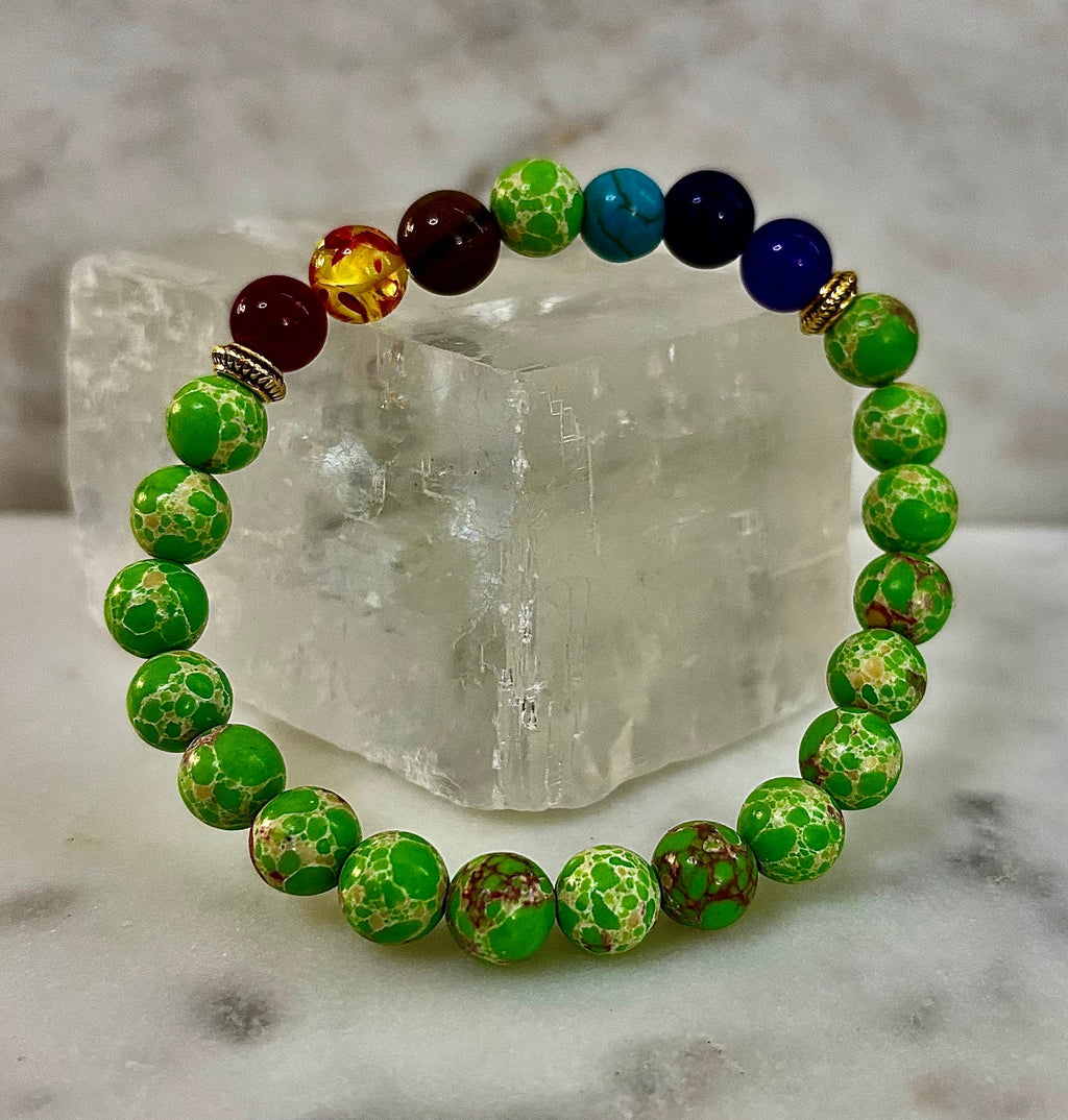 Reiki-Infused 7 Chakra & Green Sea Sediment Jasper Alignment Bracelet for Total Balance & Grounding (8mm)