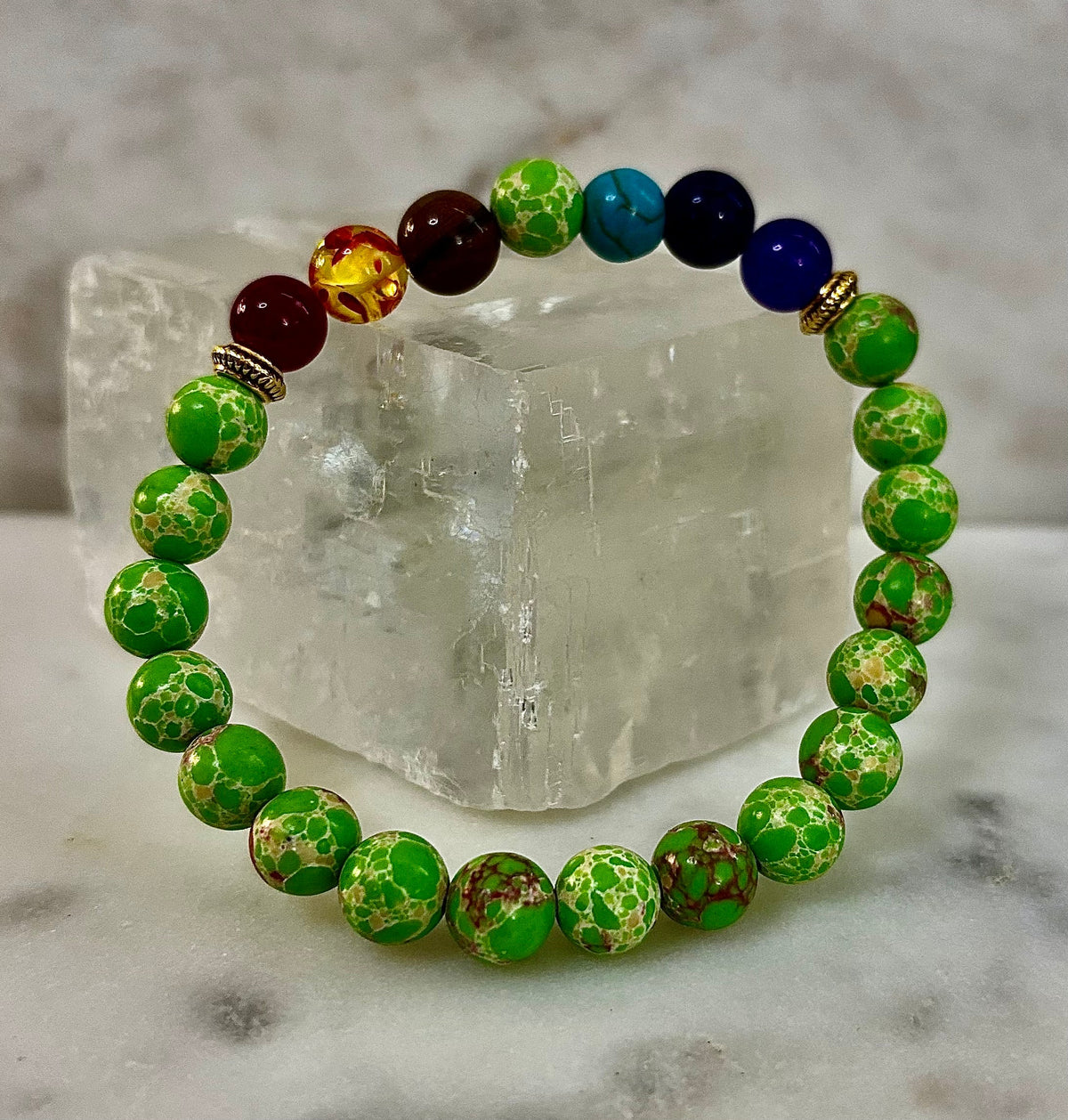Reiki-Infused 7 Chakra & Green Sea Sediment Jasper Alignment Bracelet for Total Balance & Grounding (8mm)