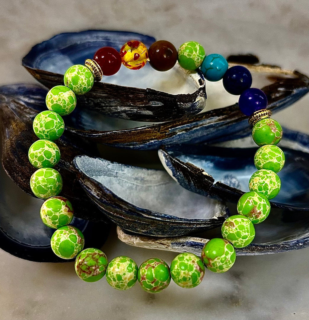 Reiki-Infused 7 Chakra & Green Sea Sediment Jasper Alignment Bracelet for Total Balance & Grounding (8mm)