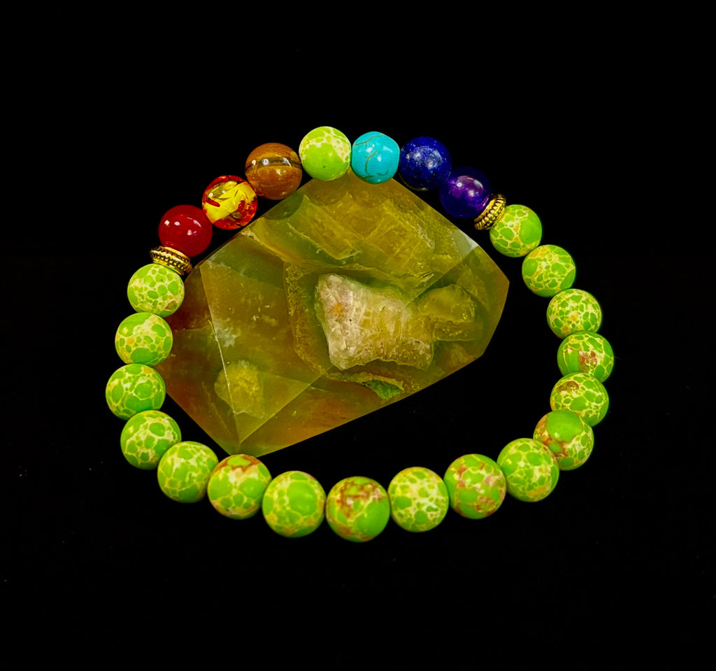 Reiki-Infused 7 Chakra & Green Sea Sediment Jasper Alignment Bracelet for Total Balance & Grounding (8mm)