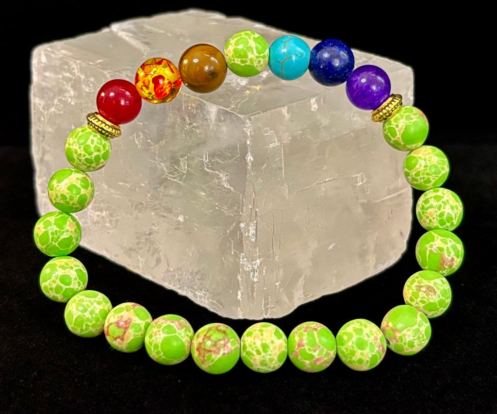 Reiki-Infused 7 Chakra & Green Sea Sediment Jasper Alignment Bracelet for Total Balance & Grounding (8mm)