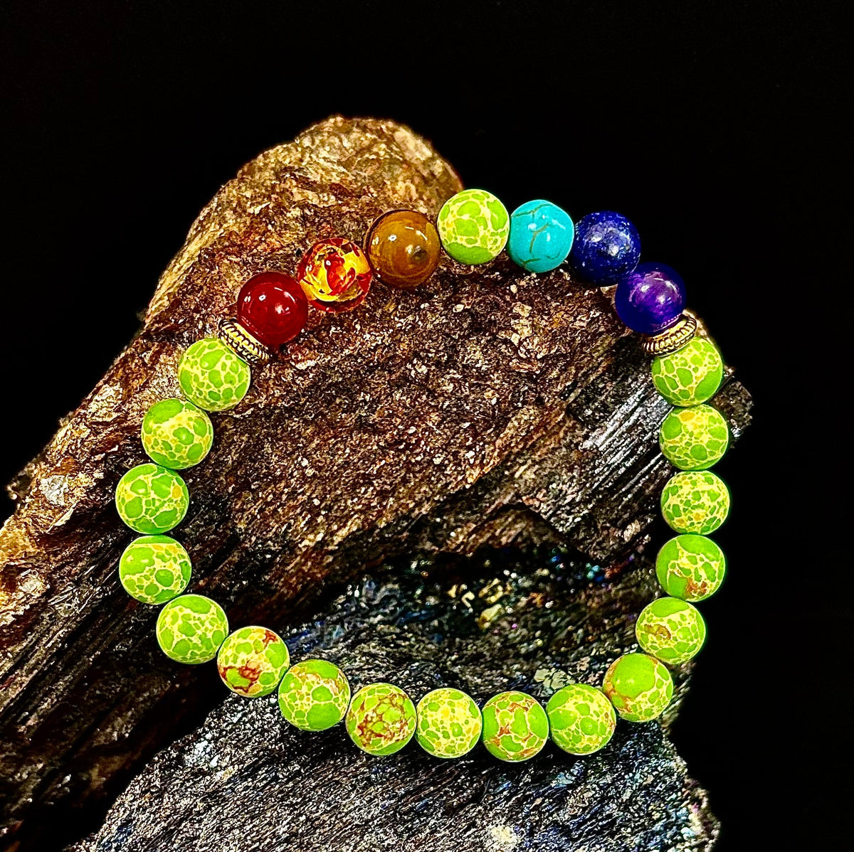 Reiki-Infused 7 Chakra & Green Sea Sediment Jasper Alignment Bracelet for Total Balance & Grounding (8mm)