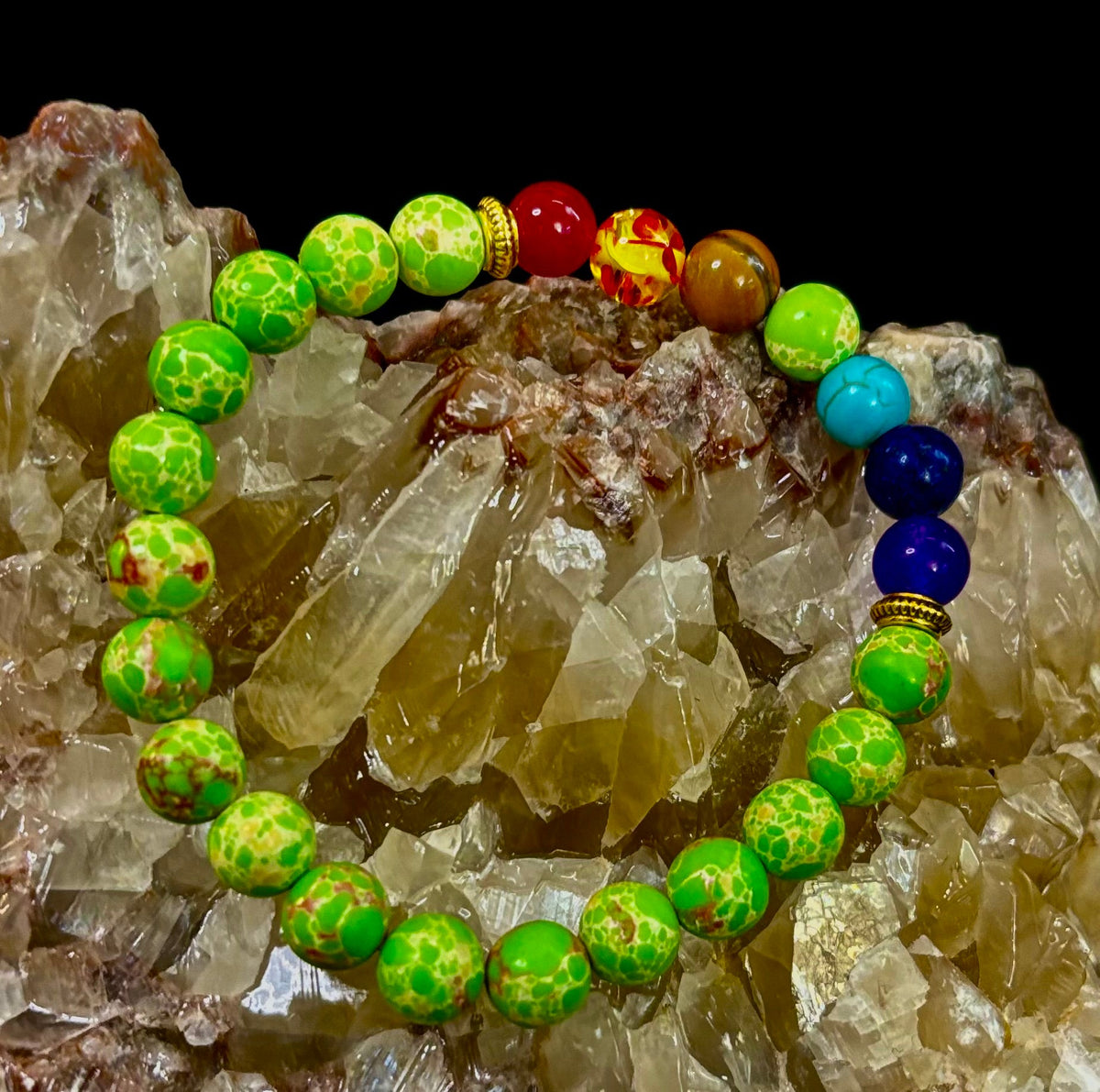Reiki-Infused 7 Chakra & Green Sea Sediment Jasper Alignment Bracelet for Total Balance & Grounding (8mm)