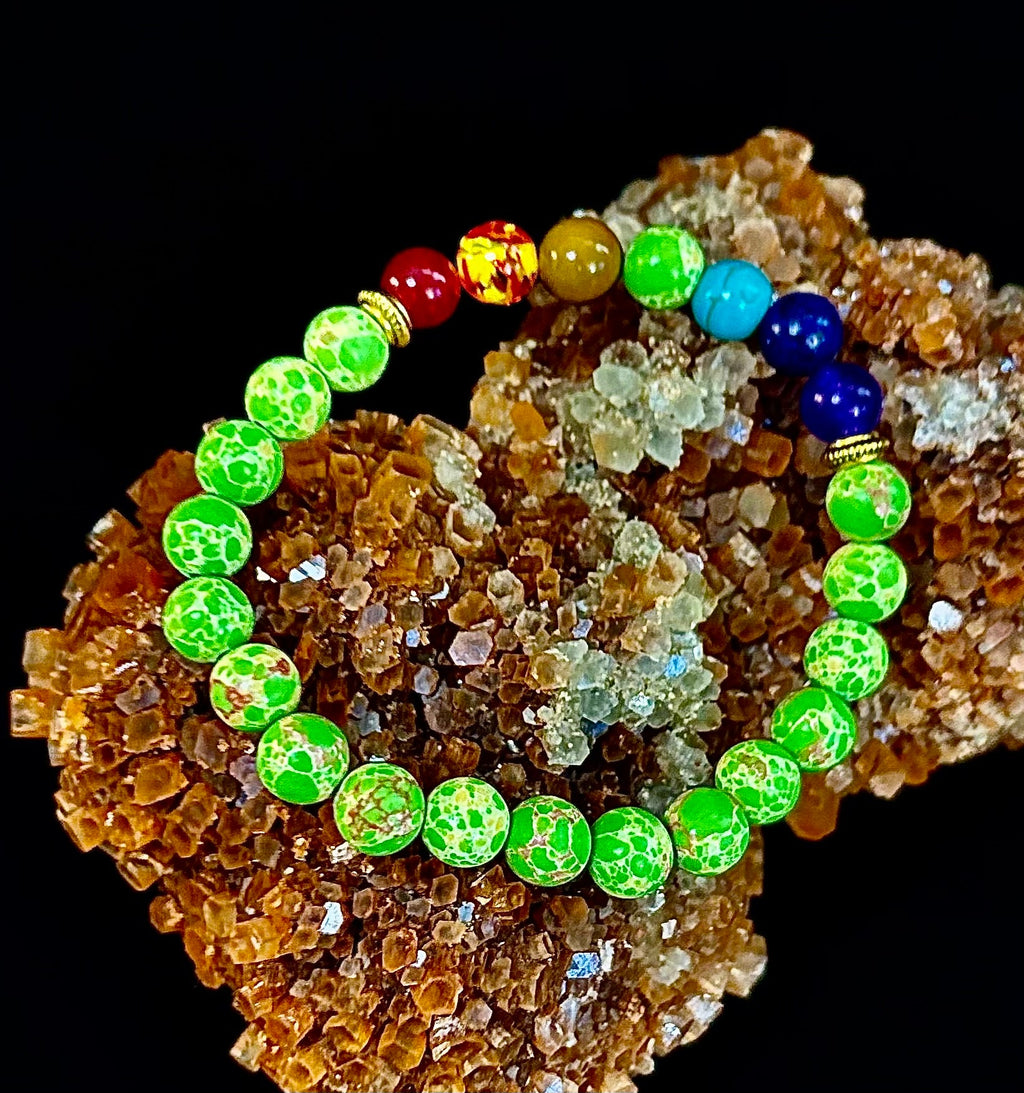 Reiki-Infused 7 Chakra & Green Sea Sediment Jasper Alignment Bracelet for Total Balance & Grounding (8mm)