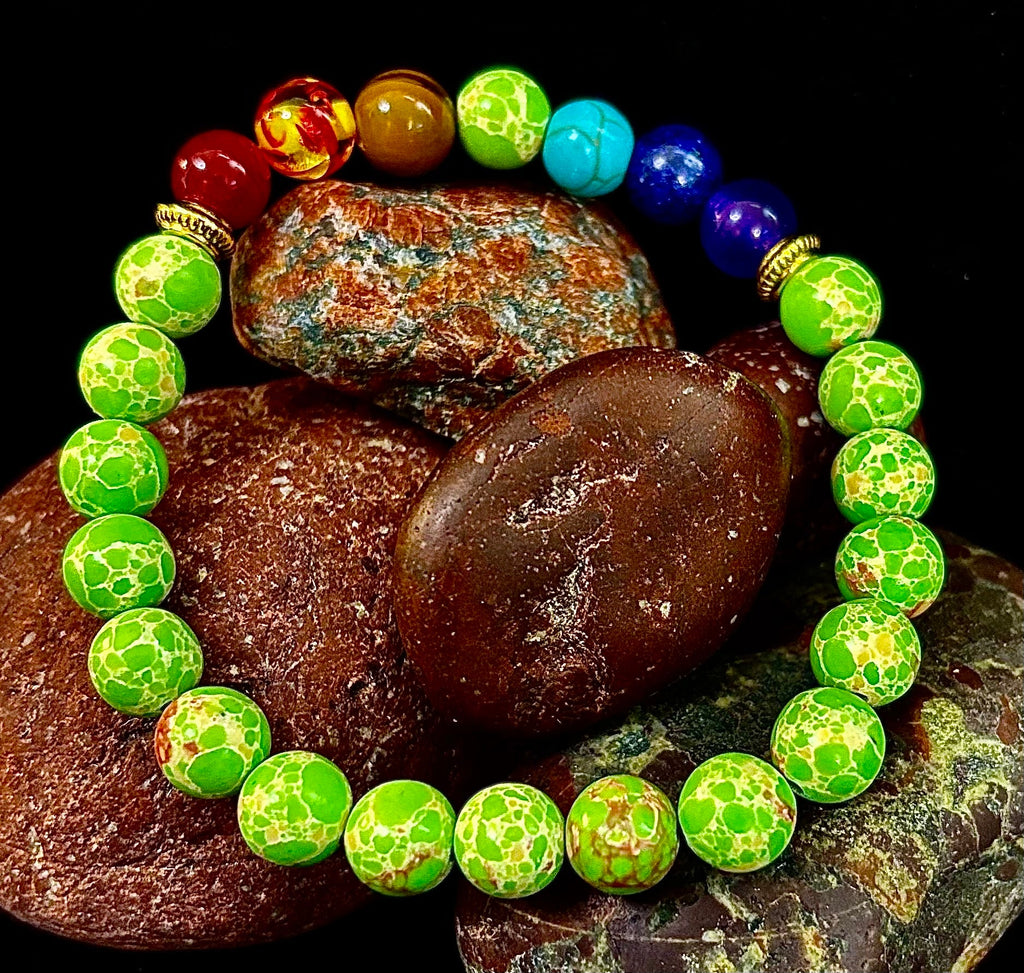 Reiki-Infused 7 Chakra & Green Sea Sediment Jasper Alignment Bracelet for Total Balance & Grounding (8mm)