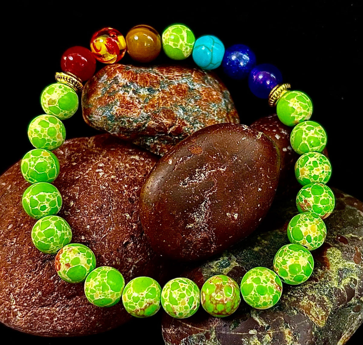 Reiki-Infused 7 Chakra & Green Sea Sediment Jasper Alignment Bracelet for Total Balance & Grounding (8mm)