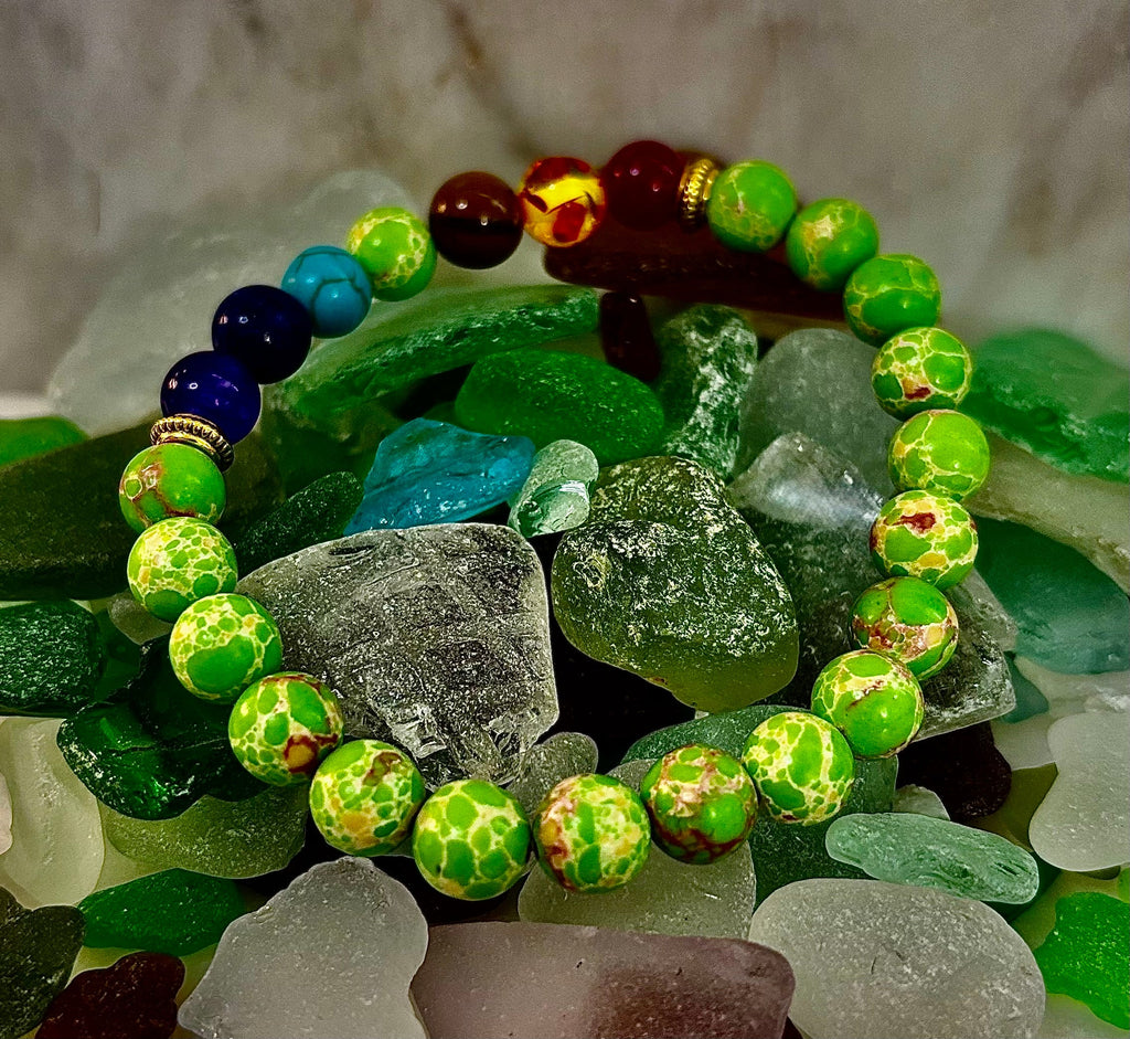 Reiki-Infused 7 Chakra & Green Sea Sediment Jasper Alignment Bracelet for Total Balance & Grounding (8mm)