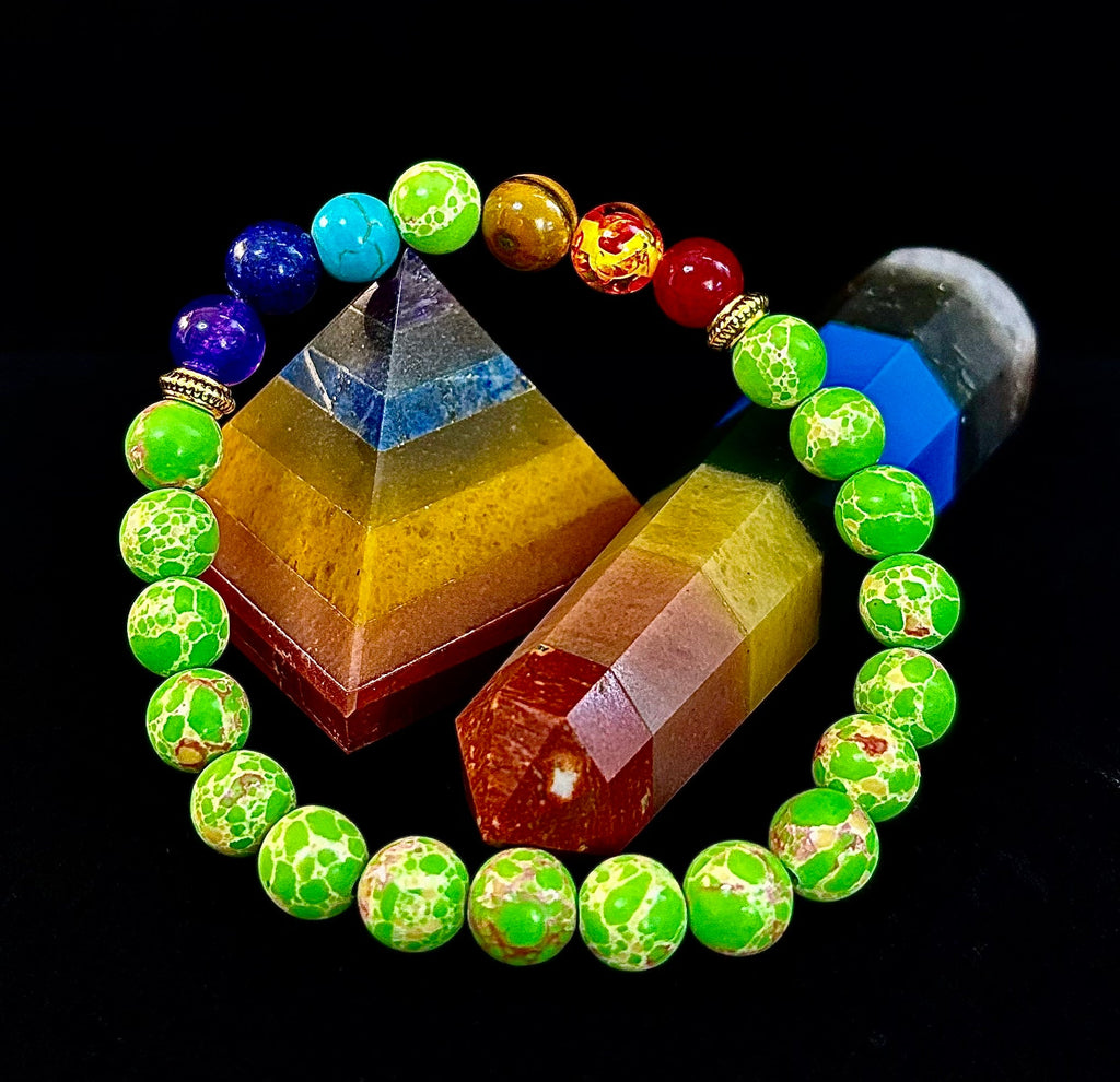 Reiki-Infused 7 Chakra & Green Sea Sediment Jasper Alignment Bracelet for Total Balance & Grounding (8mm)