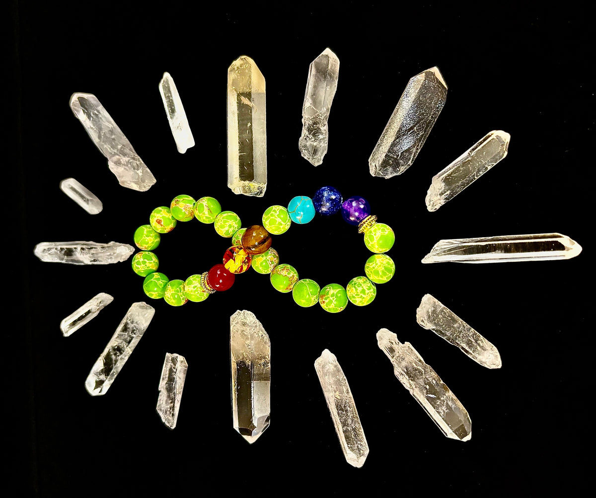 Reiki-Infused 7 Chakra & Green Sea Sediment Jasper Alignment Bracelet for Total Balance & Grounding (8mm)