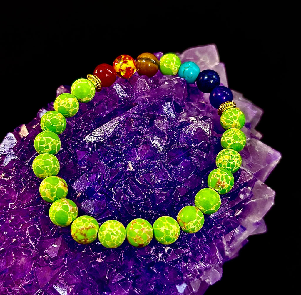 Reiki-Infused 7 Chakra & Green Sea Sediment Jasper Alignment Bracelet for Total Balance & Grounding (8mm)
