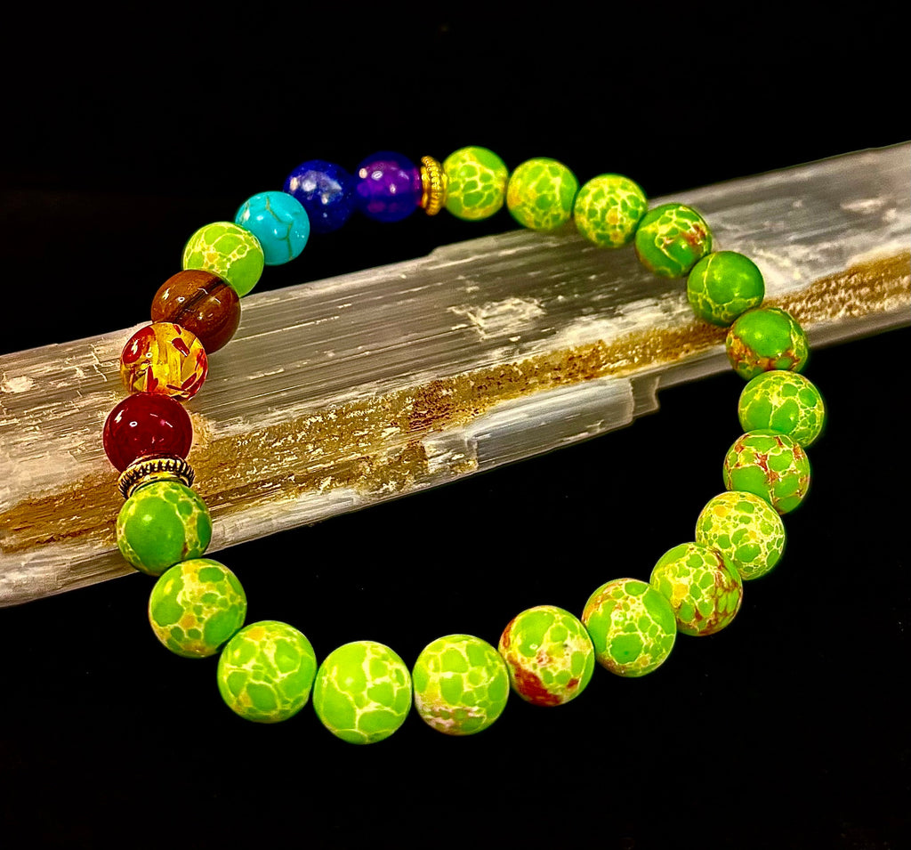 Reiki-Infused 7 Chakra & Green Sea Sediment Jasper Alignment Bracelet for Total Balance & Grounding (8mm)