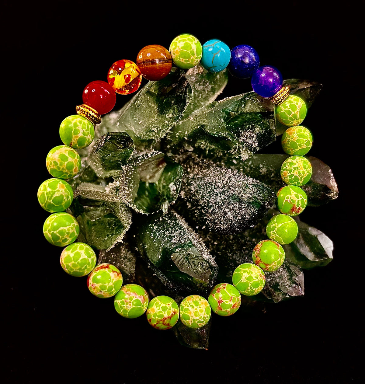 Reiki-Infused 7 Chakra & Green Sea Sediment Jasper Alignment Bracelet for Total Balance & Grounding (8mm)