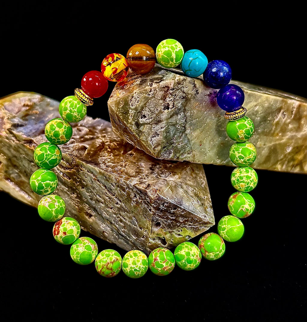 Reiki-Infused 7 Chakra & Green Sea Sediment Jasper Alignment Bracelet for Total Balance & Grounding (8mm)