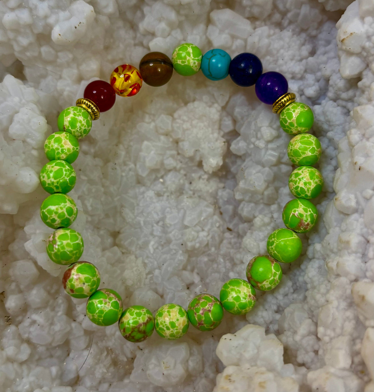 Reiki-Infused 7 Chakra & Green Sea Sediment Jasper Alignment Bracelet for Total Balance & Grounding (8mm)